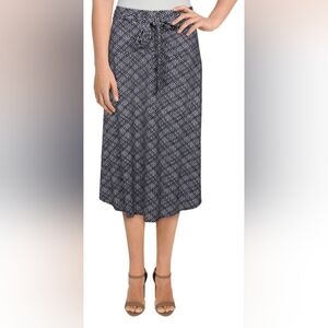 Tommy Bahama XL pull on stretch tie waist blue gray geometric midi skirt Office